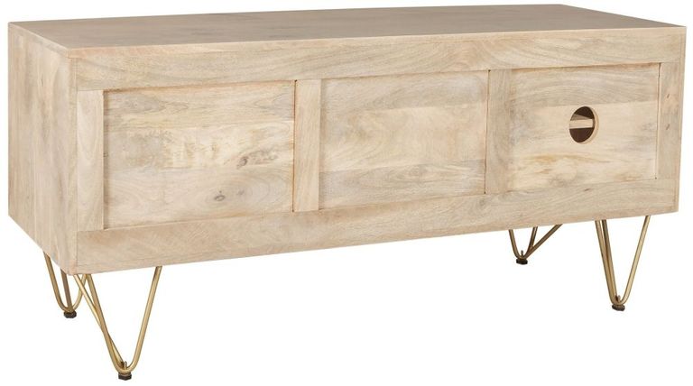 Kaza Light Mango Wood 140cm TV Unit - Hairpin Legs with Gold Geometric Inlay
