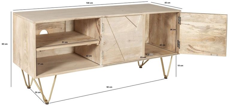 Kaza Light Mango Wood 140cm TV Unit - Hairpin Legs with Gold Geometric Inlay