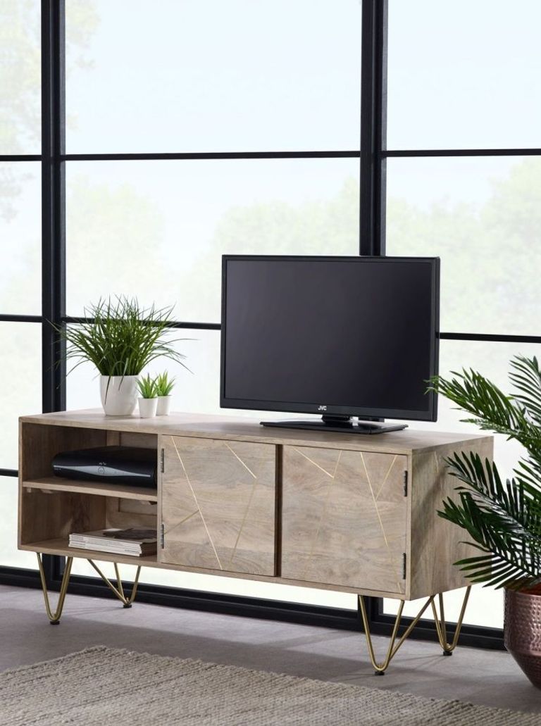 Kaza Light Mango Wood 140cm TV Unit - Hairpin Legs with Gold Geometric Inlay