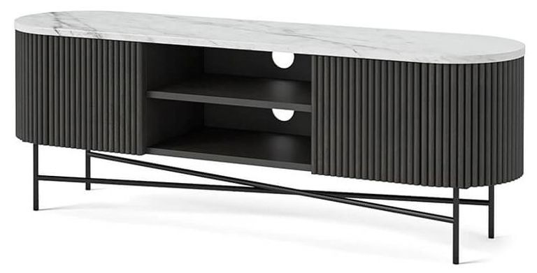 Lucas Black TV Unit - 150cm Fluted Curved - White Marble Top