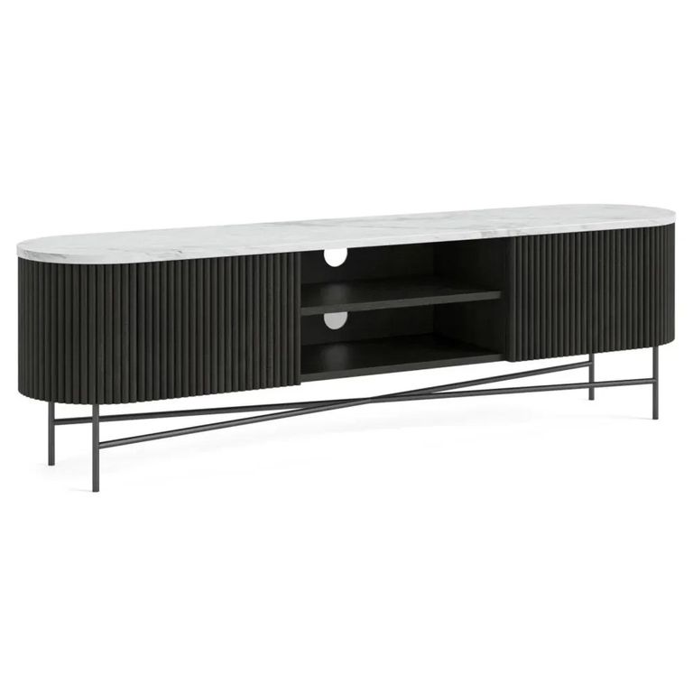 Lucas Black TV Unit - 180cm Fluted Curved - White Marble Top