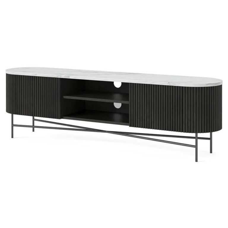 Lucas Black TV Unit - 180cm Fluted Curved - White Marble Top