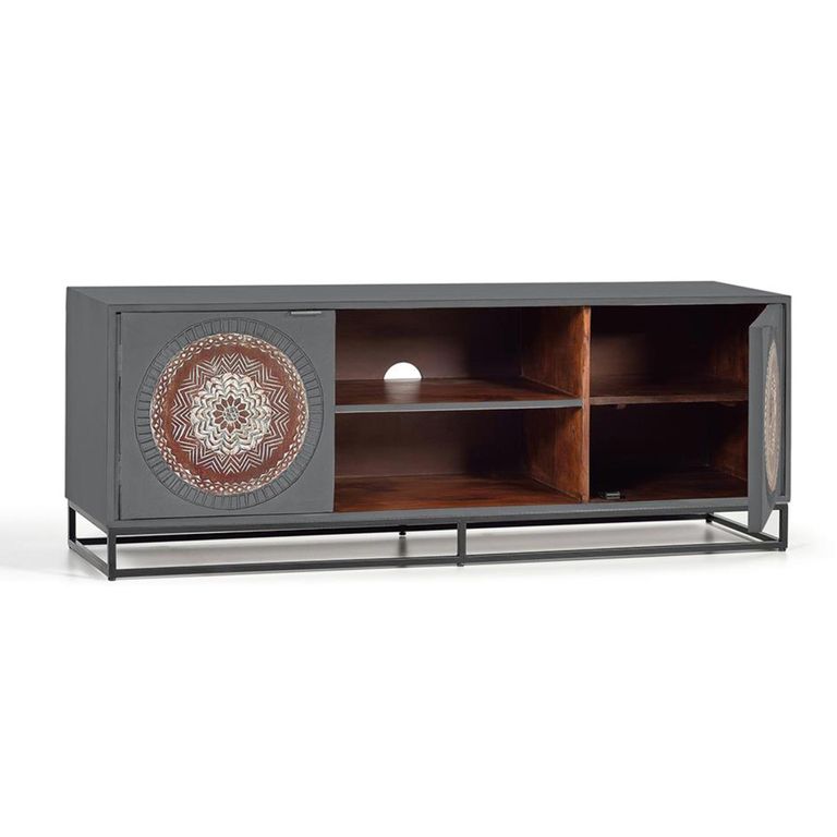 Lytton TV Unit - Grey Carved Mango Wood - 2 Door