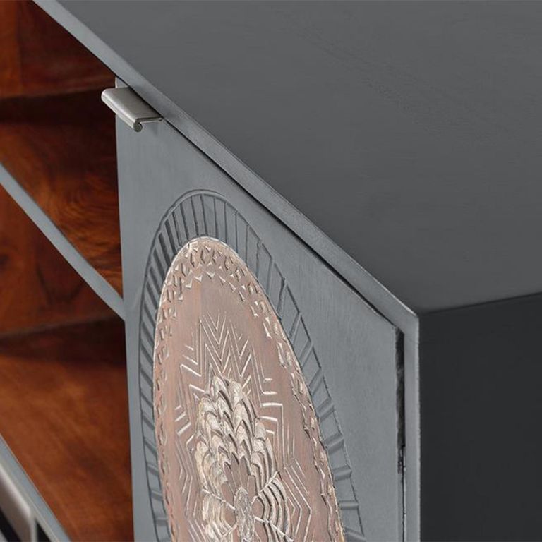Lytton TV Unit - Grey Carved Mango Wood - 2 Door