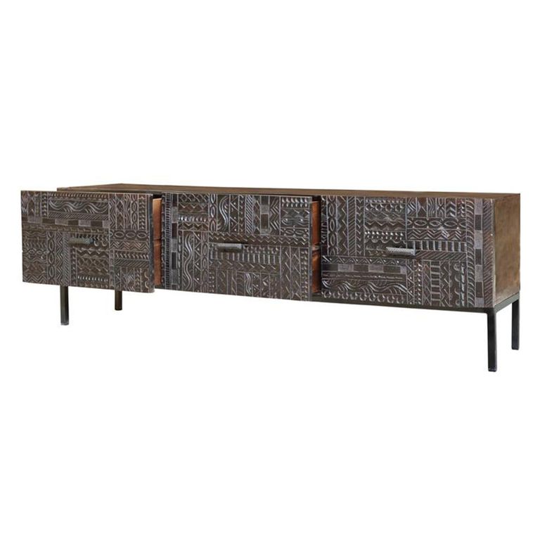 Macedonia TV Unit - Carved Dark Mango Wood - 3 Drawer - Large