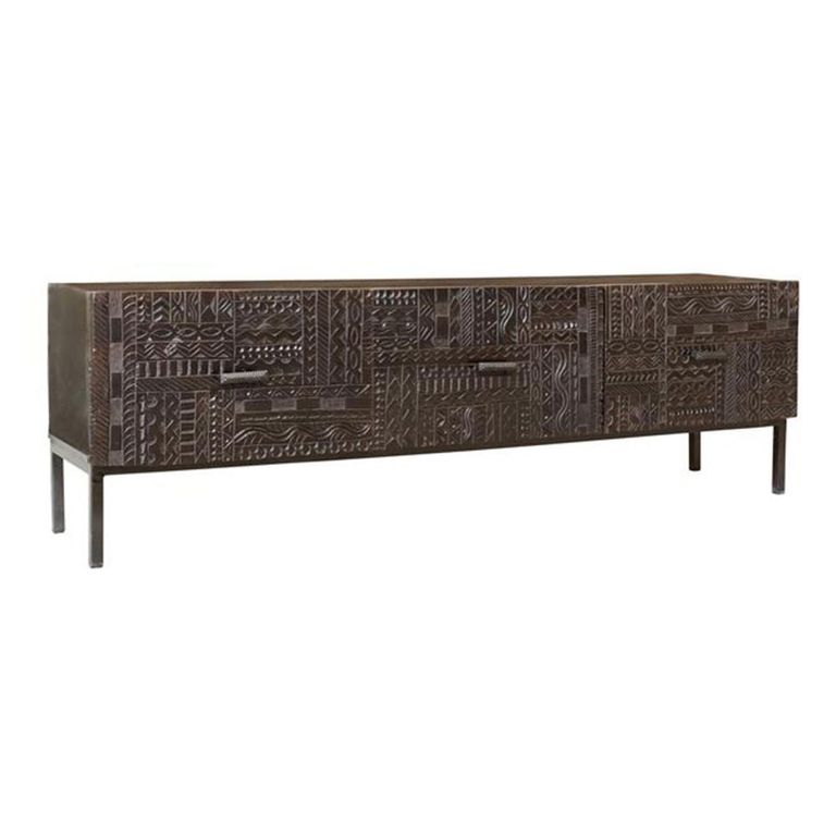 Macedonia TV Unit - Carved Dark Mango Wood - 3 Drawer - Large