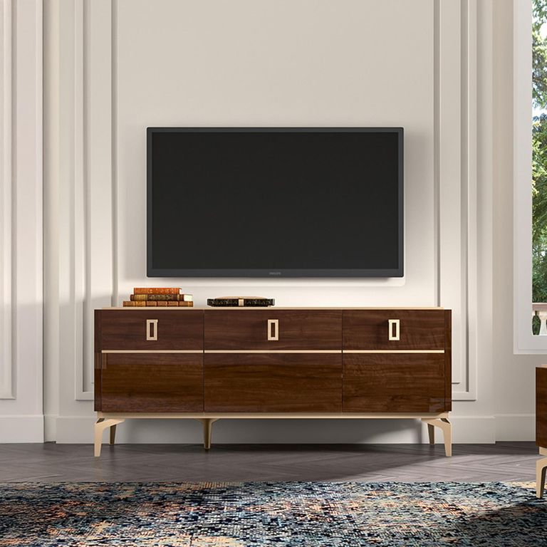 Modern Eva TV Unit - 140cm - Walnut with Gold Trim