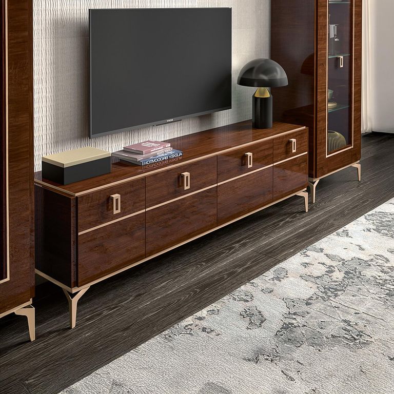 Modern Eva TV Unit - 195cm - Walnut with Gold Trim
