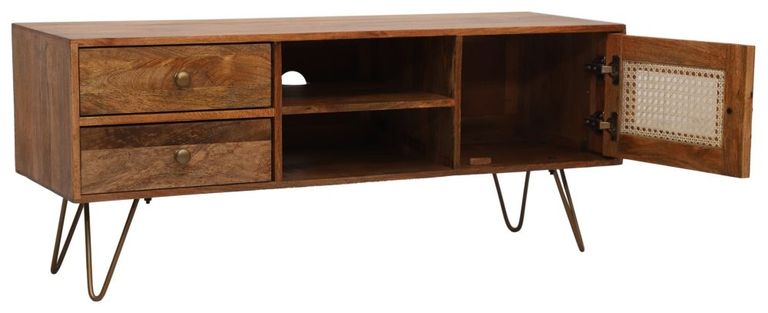 Nyack Mango Wood with Rattan 120cm TV Unit - Hairpin Legs
