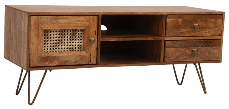 Nyack Mango Wood with Rattan 120cm TV Unit - Hairpin Legs