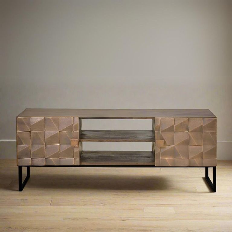 Pinole TV Unit - Copper Geometric - Mango Wood - 2 Door