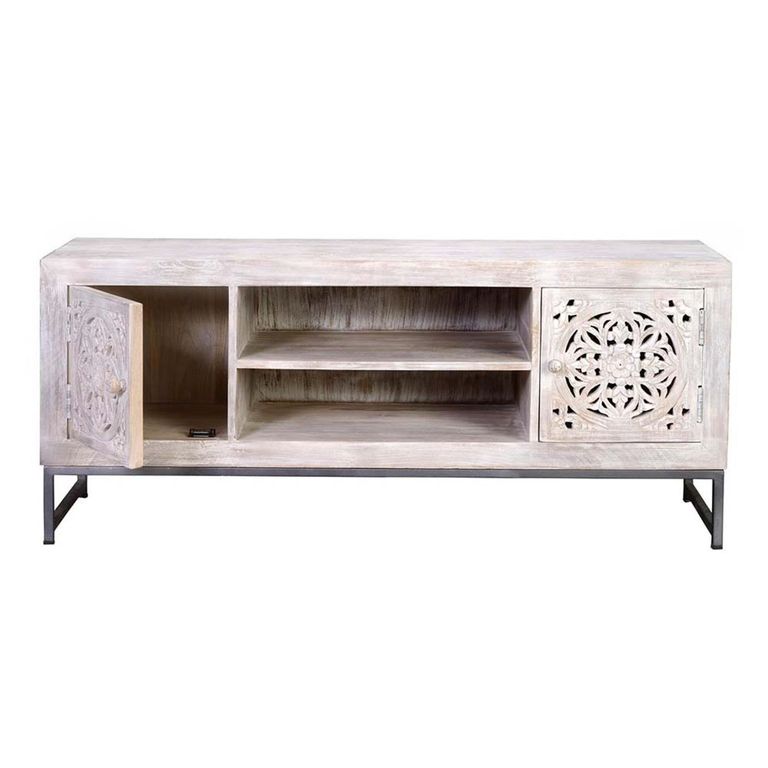 Quintana TV Unit - Washed Carved - Mango Wood - 2 Door