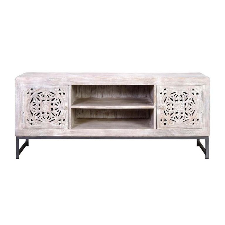 Quintana TV Unit - Washed Carved - Mango Wood - 2 Door