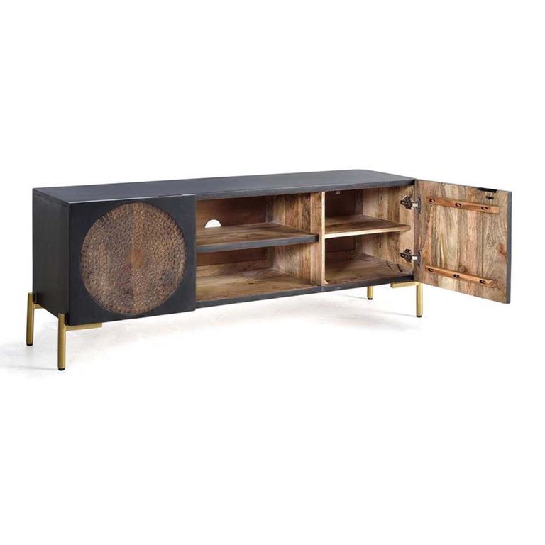Refton TV Unit - Carved - Dark Mango Wood - 2 Door