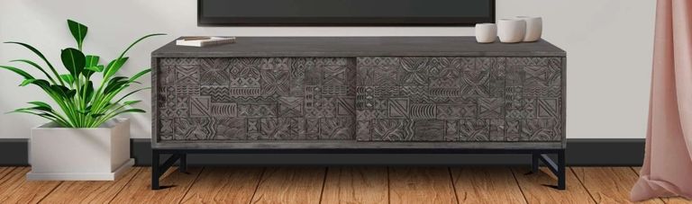 Sahara Black Washed Carved Mango Wood TV Unit With Sliding Door