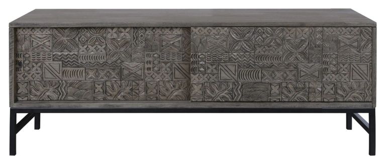 Sahara Black Washed Carved Mango Wood TV Unit With Sliding Door