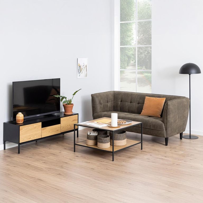 Seaford TV Unit - 2 Drawer - Storage - Oak and Black Metal