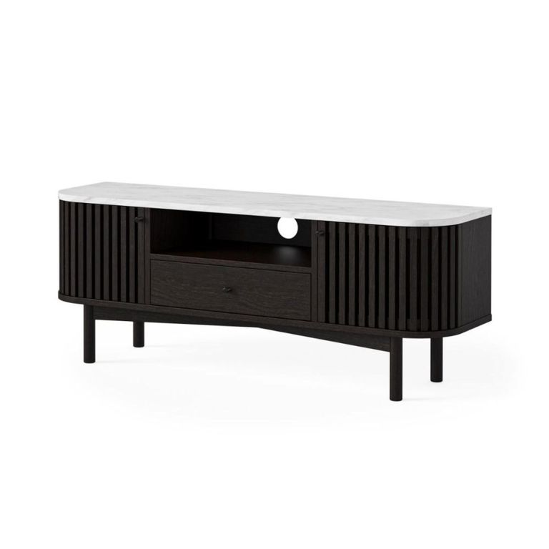 Soho Black TV Unit - 130cm - Slatted Small Storage - White Marble Top