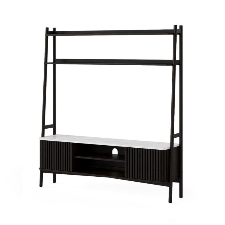 Soho Black TV Unit - 165cm - Slatted Ladder Large Storage - White Marble Top