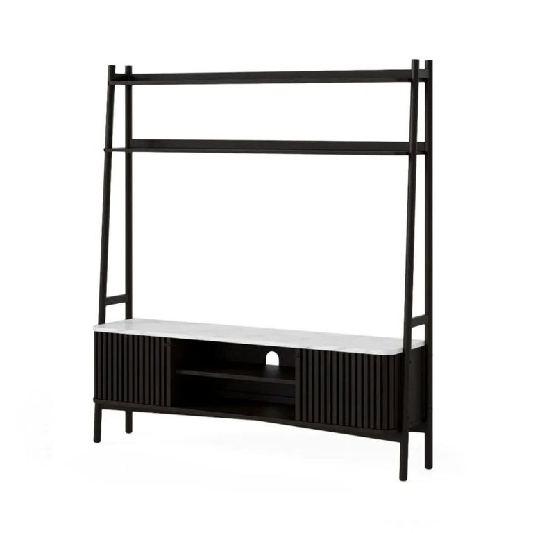 Soho Black TV Unit - 165cm - Slatted Ladder Large Storage - White Marble Top