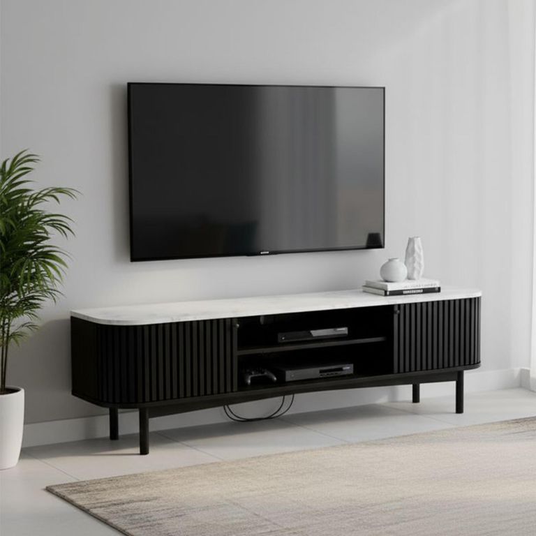 Soho Black TV Unit - 180cm - Slatted Large Storage - White Marble Top