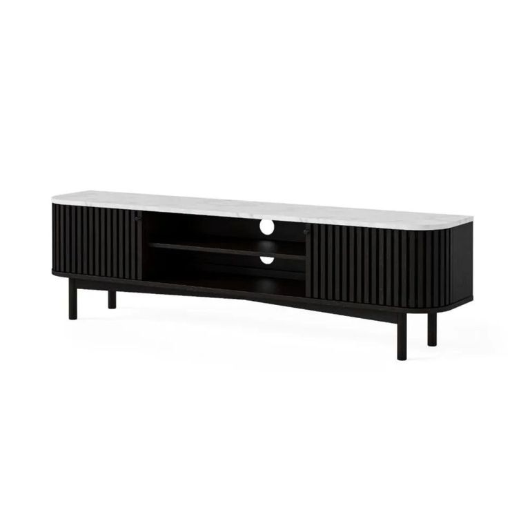 Soho Black TV Unit - 180cm - Slatted Large Storage - White Marble Top