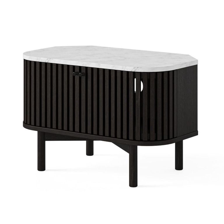 Soho Black TV Unit - Slatted Corner Storage - White Marble Top