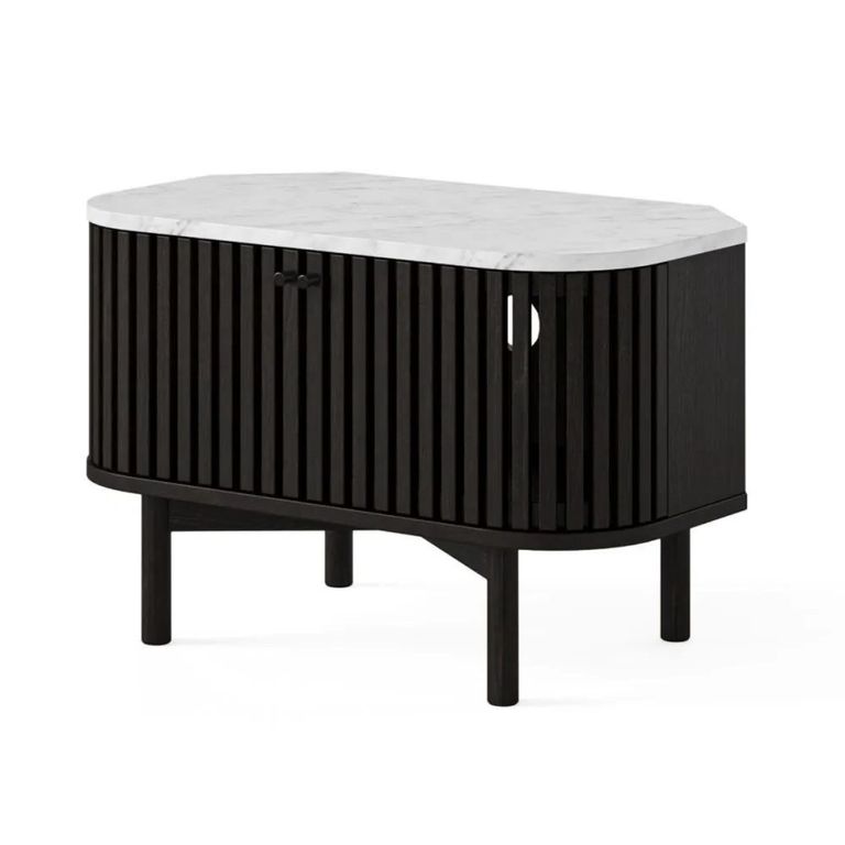 Soho Black TV Unit - Slatted Corner Storage - White Marble Top