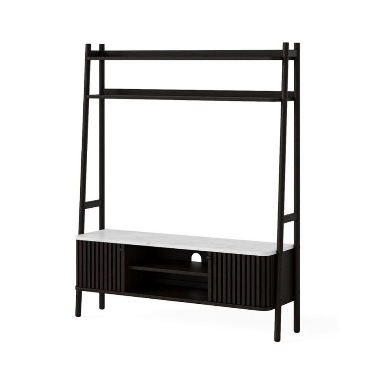 Soho Black TV Unit - Slatted Ladder Storage - White Marble Top