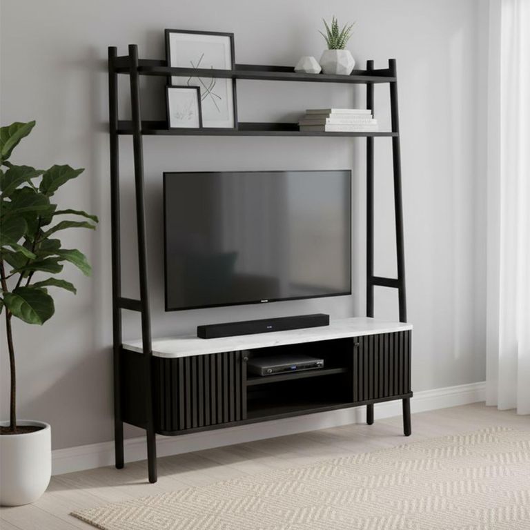 Soho Black TV Unit - Slatted Ladder Storage - White Marble Top