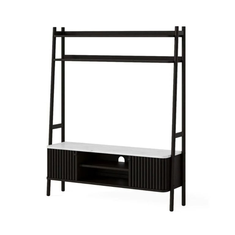 Soho Black TV Unit - Slatted Ladder Storage - White Marble Top