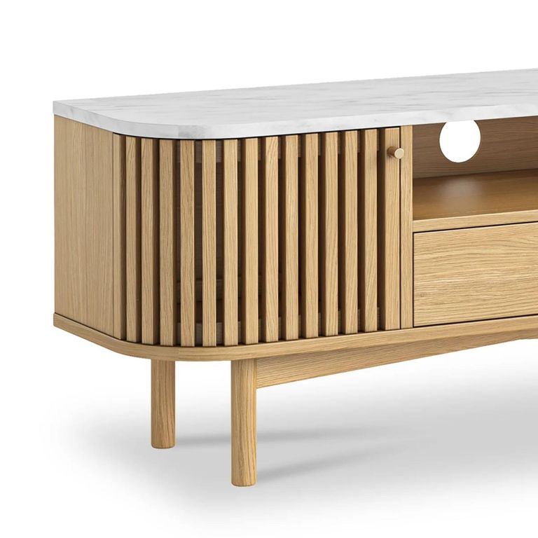 Soho Oak TV Unit - 130cm - Slatted Storage - White Marble Top