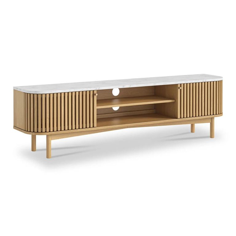 Soho Oak TV Unit - 180cm - Slatted Storage - White Marble Top
