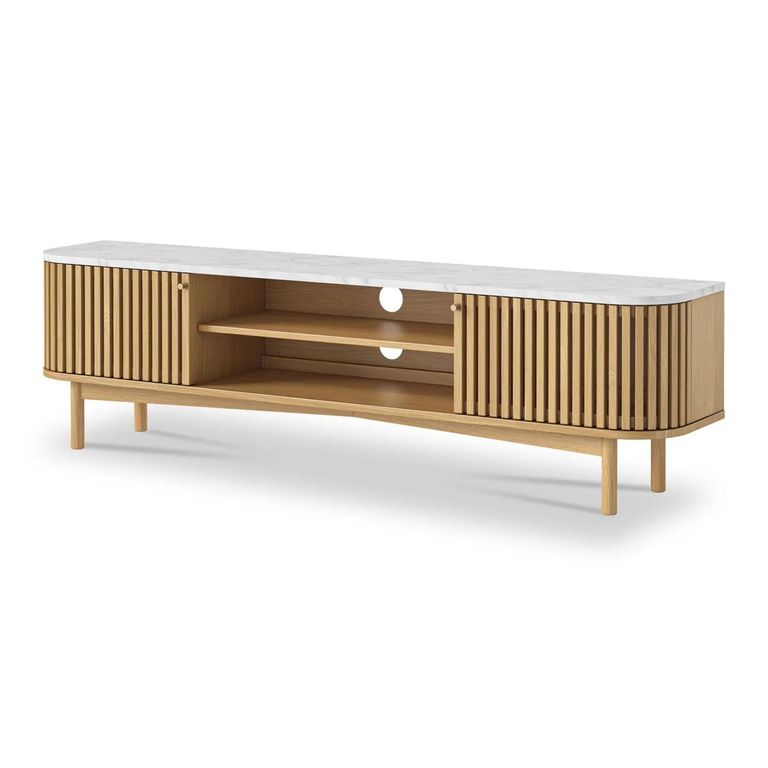 Soho Oak TV Unit - 180cm - Slatted Storage - White Marble Top
