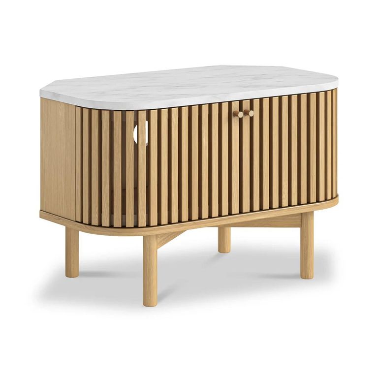 Soho Oak TV Unit - Corner - Slatted Storage - White Marble Top