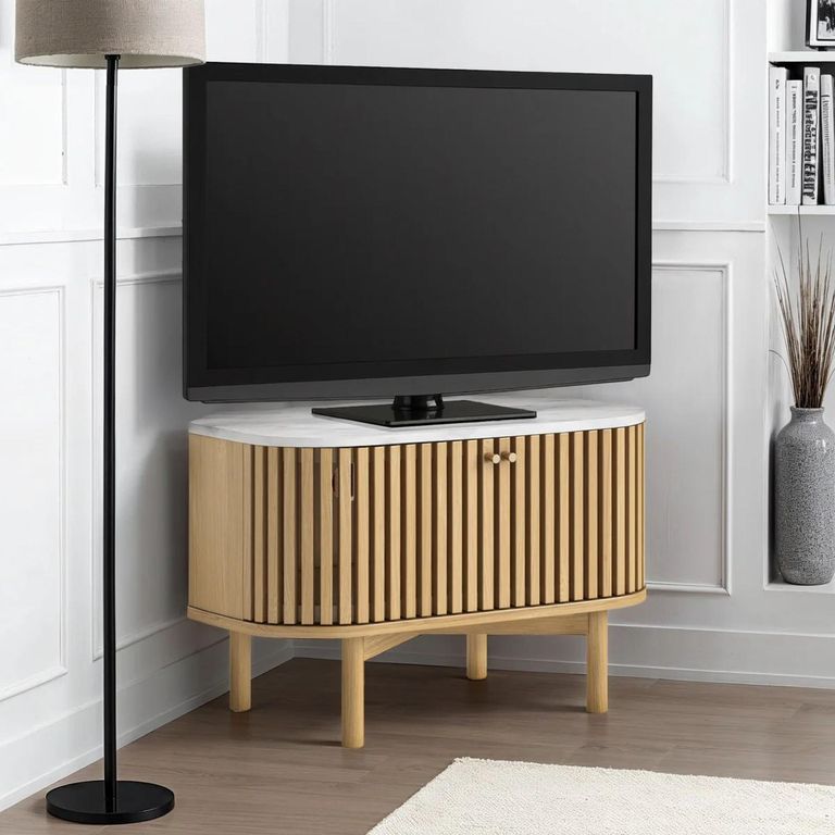 Soho Oak TV Unit - Corner - Slatted Storage - White Marble Top