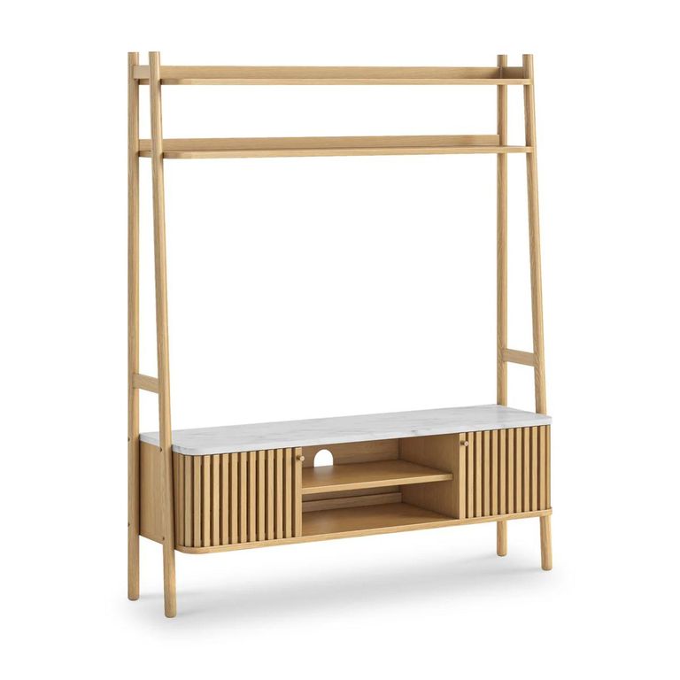 Soho Oak TV Unit - Ladder - Slatted Storage - White Marble Top
