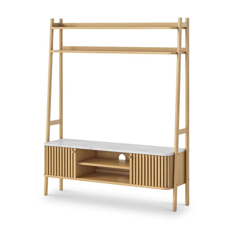 Soho Oak TV Unit - Ladder - Slatted Storage - White Marble Top