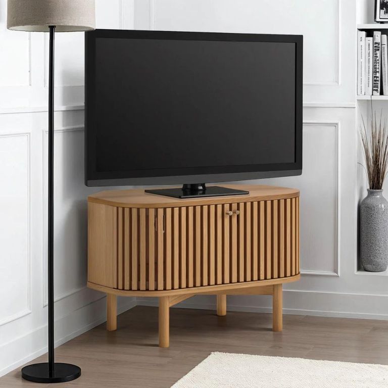 Soho TV Unit - Slatted Corner Storage - Oak