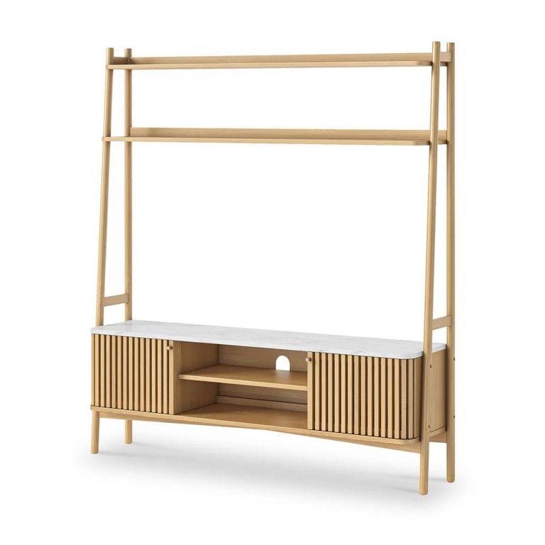 Soho Oak TV Unit - Slatted Ladder Large Storage - White Marble Top