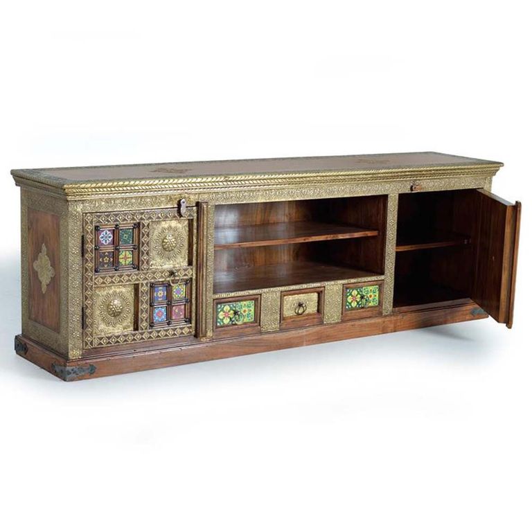 Trona TV Unit - Acacia Wood - Brass Cladded - Large Storage