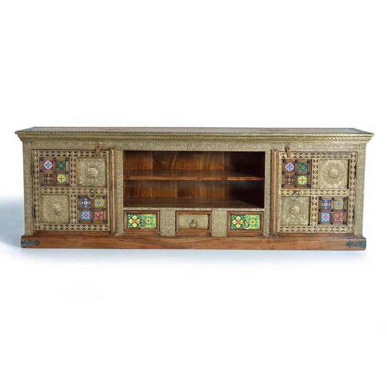 Trona TV Unit - Acacia Wood - Brass Cladded - Large Storage
