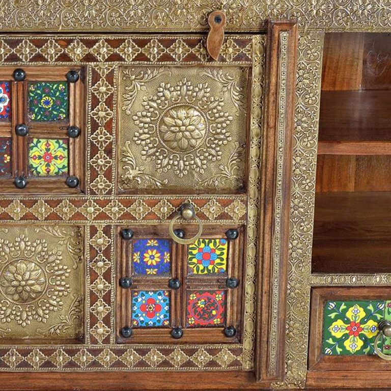 Trona TV Unit - Acacia Wood - Brass Cladded - Large Storage