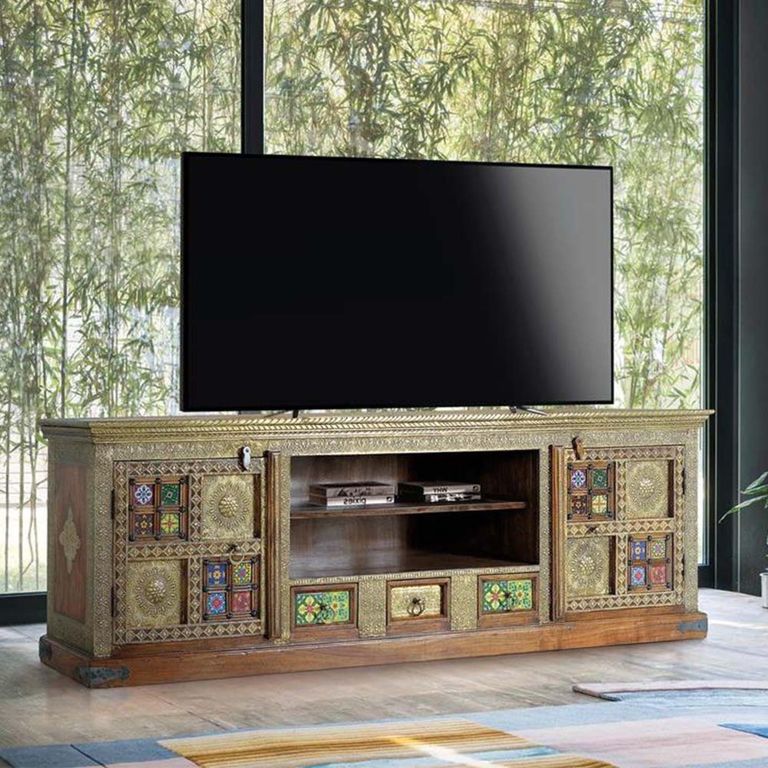 Trona TV Unit - Acacia Wood - Brass Cladded - Large Storage