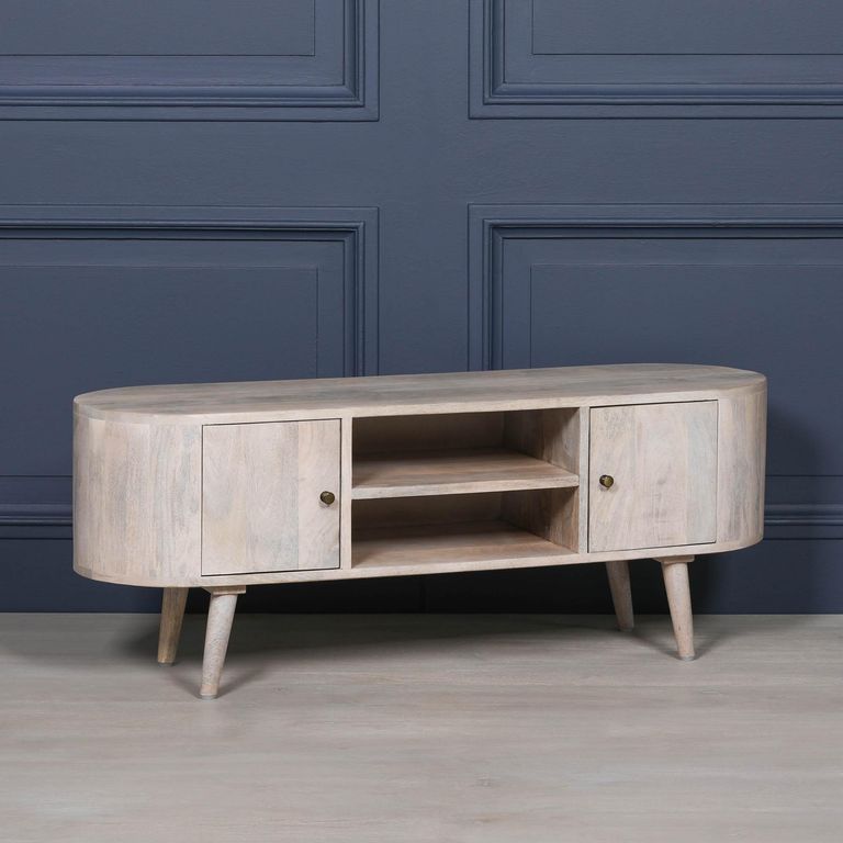 Washed Mango Wood TV Unit - Curved - 2 Door
