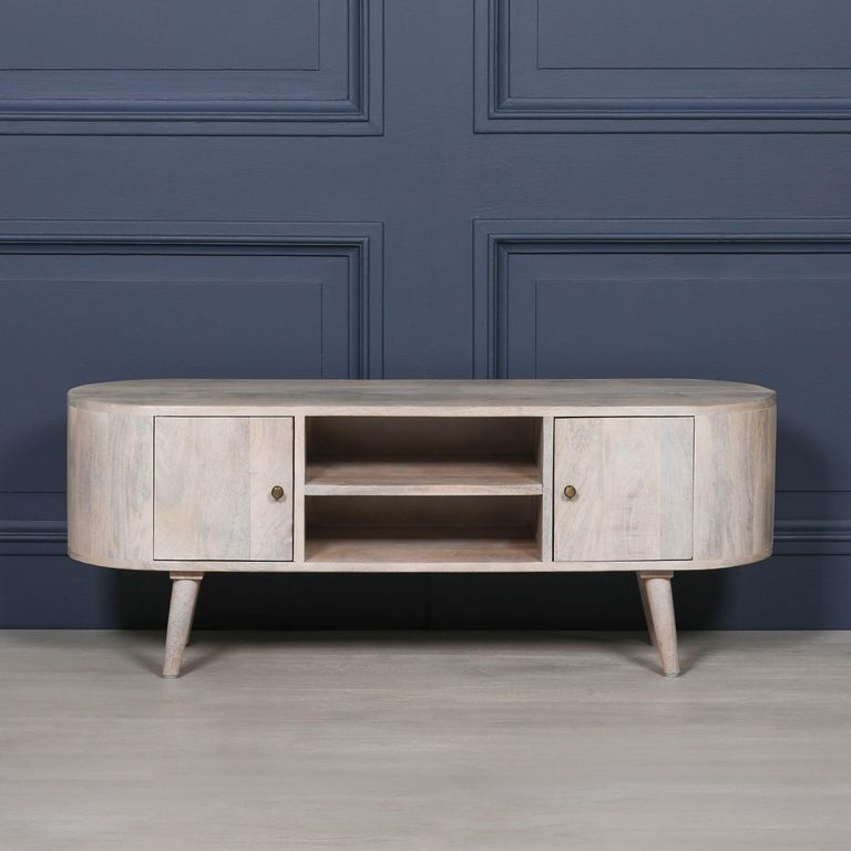 Washed Mango Wood TV Unit - Curved - 2 Door