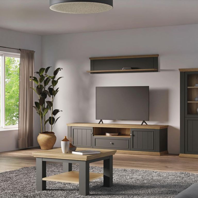 Pontypool Wall Shelf - Dark Grey and Light Oak