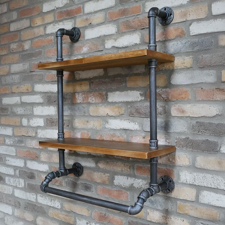 Shelves - Black Metal Pipe - 2 Wooden Wall Shelves