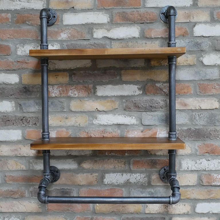 Shelves - Black Metal Pipe - 2 Wooden Wall Shelves