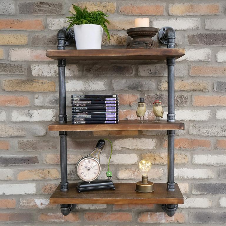 Shelves - Black Metal Pipe - 3 Wooden Wall Shelves